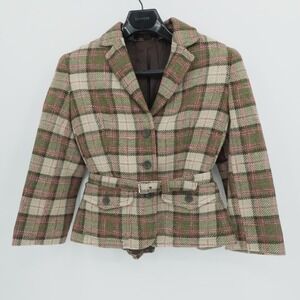Express Design Studio Blazer Womens 8 Green Beige Plaid Wool Blend Belted Y2K